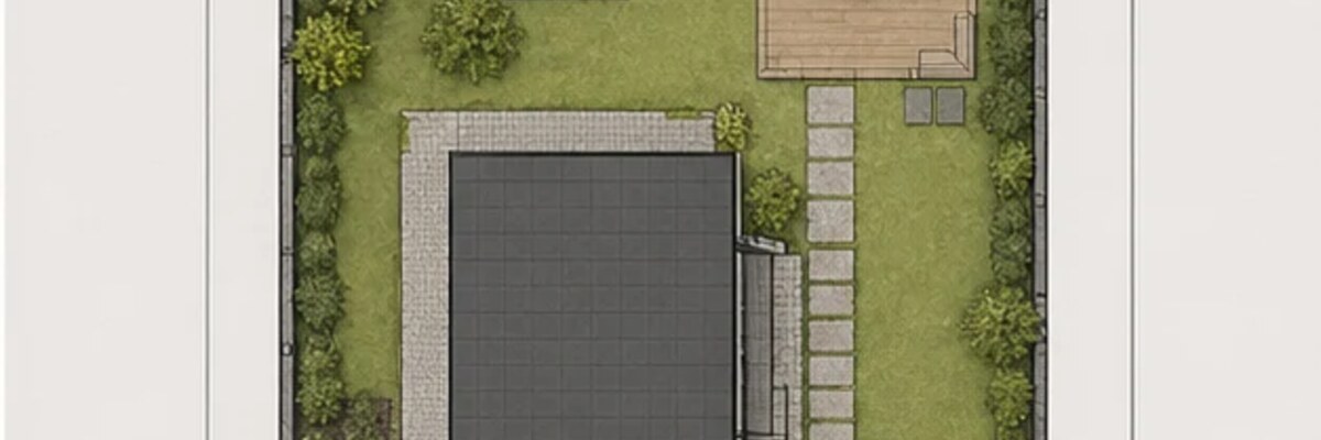 План участка 6 соток в масштабе с отмеченными отступами, въездом и местом дома.