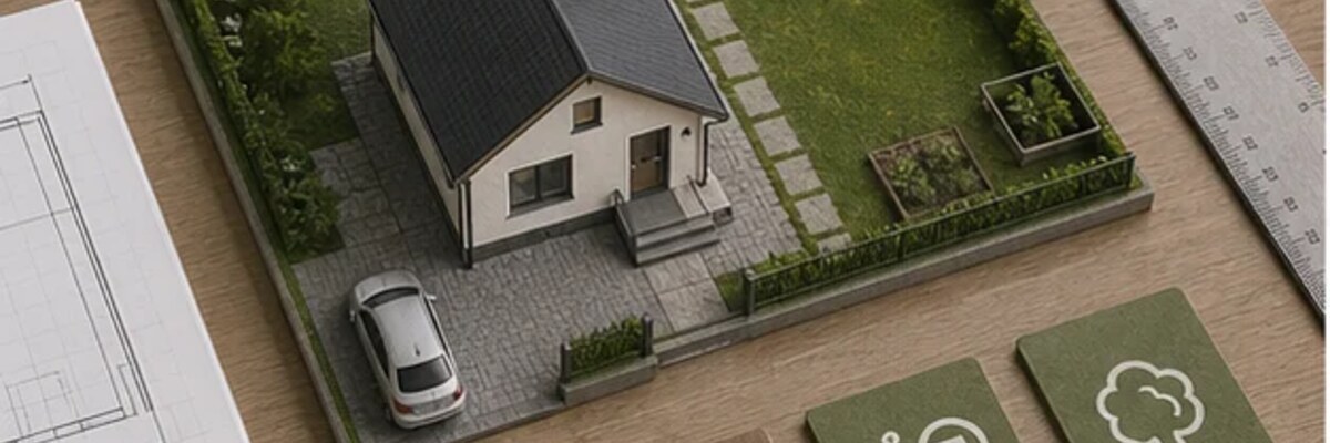 Рабочий план участка 6 соток с домом, парковкой и инженерными зонами на одном листе.