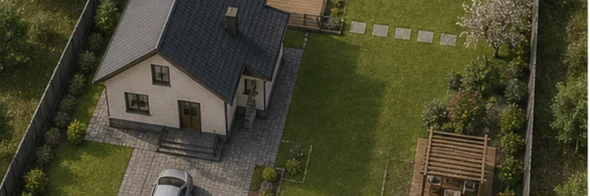 Планировка участка 10 соток с домом, парковкой, садом и зоной отдыха.