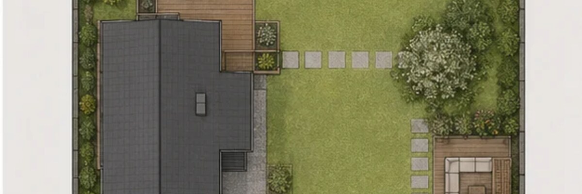 Схема участка 10 соток с зонами дома, въезда, инженерии, сада и отдыха.