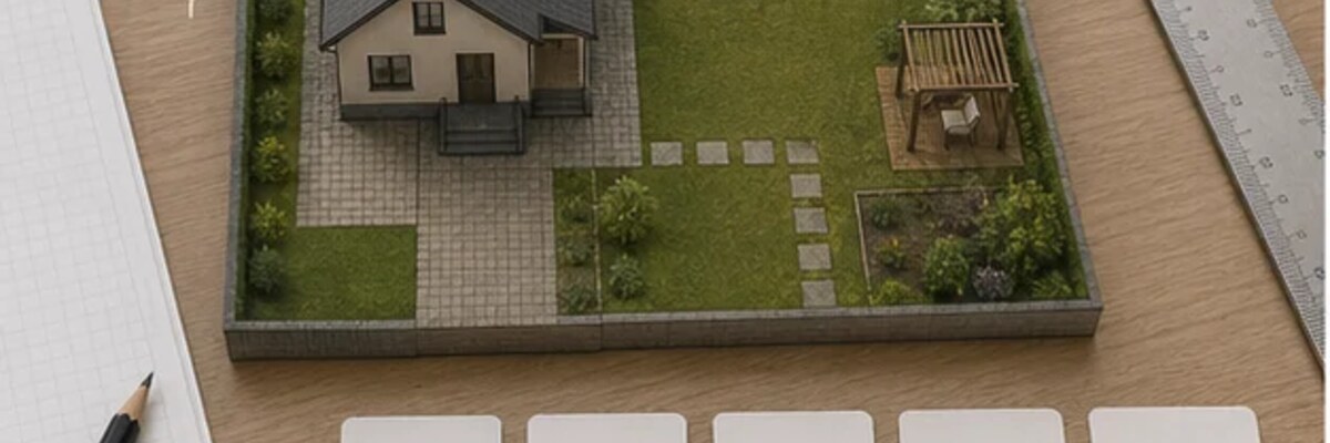 Рабочий план участка 10 соток с отмеченными маршрутами от въезда к дому и инженерным зонам.