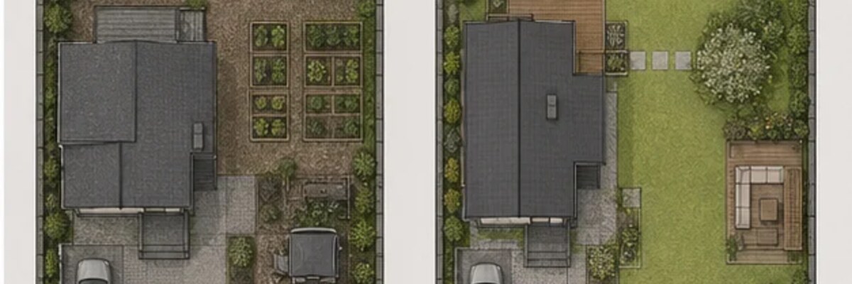 Сравнение хаотичной и цельной планировки участка 10 соток без подписей.