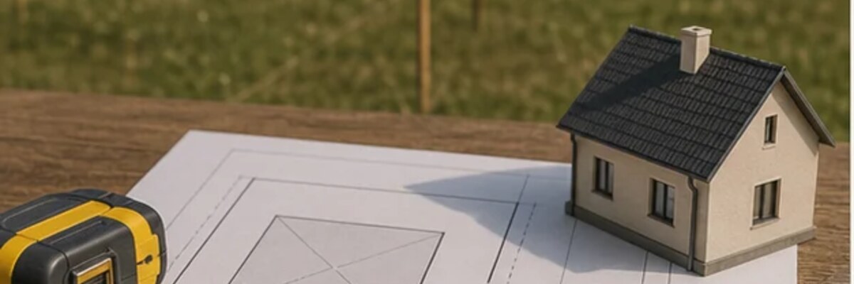 План участка с контуром дома и инструментами для проверки отступов.