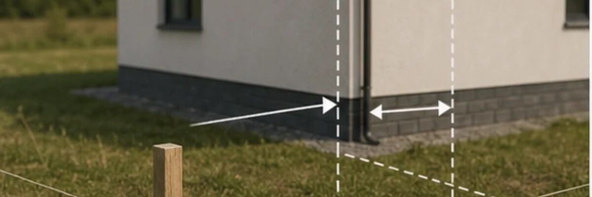 Измерение расстояния от границы участка до стены дома с учетом выступающей крыши.