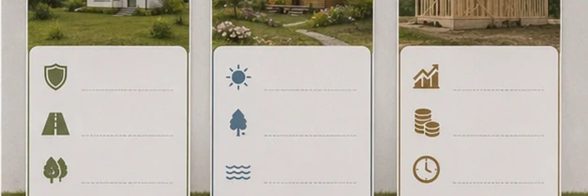 Схема выбора участка под ПМЖ, дачу и строительство с пустыми карточками критериев.