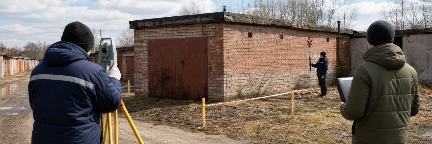 Кадастровый инженер измеряет старый гараж и земельный участок