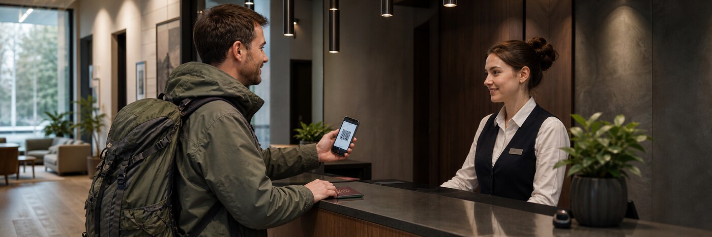 Гость показывает QR-код на смартфоне сотруднику гостиницы