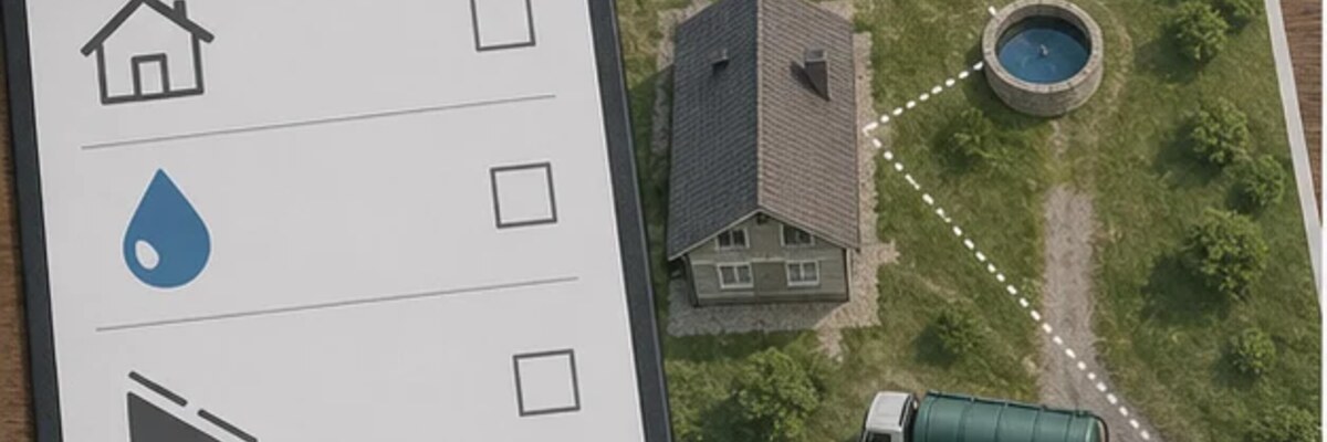 Схема размещения септика относительно дома, источника воды и подъезда.