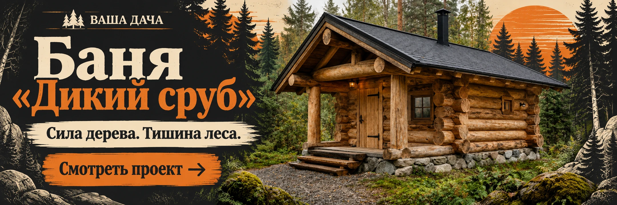 Баня ручной рубки «Дикий сруб» 5×4 м · Сила дерева. Тишина леса.