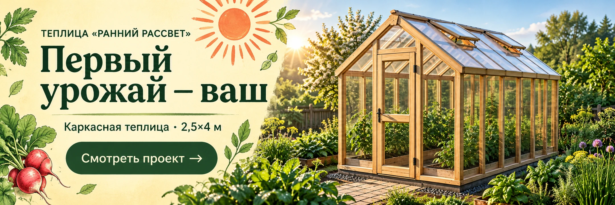 Теплица «Ранний рассвет» 2,5×4 м · Первый урожай — ваш