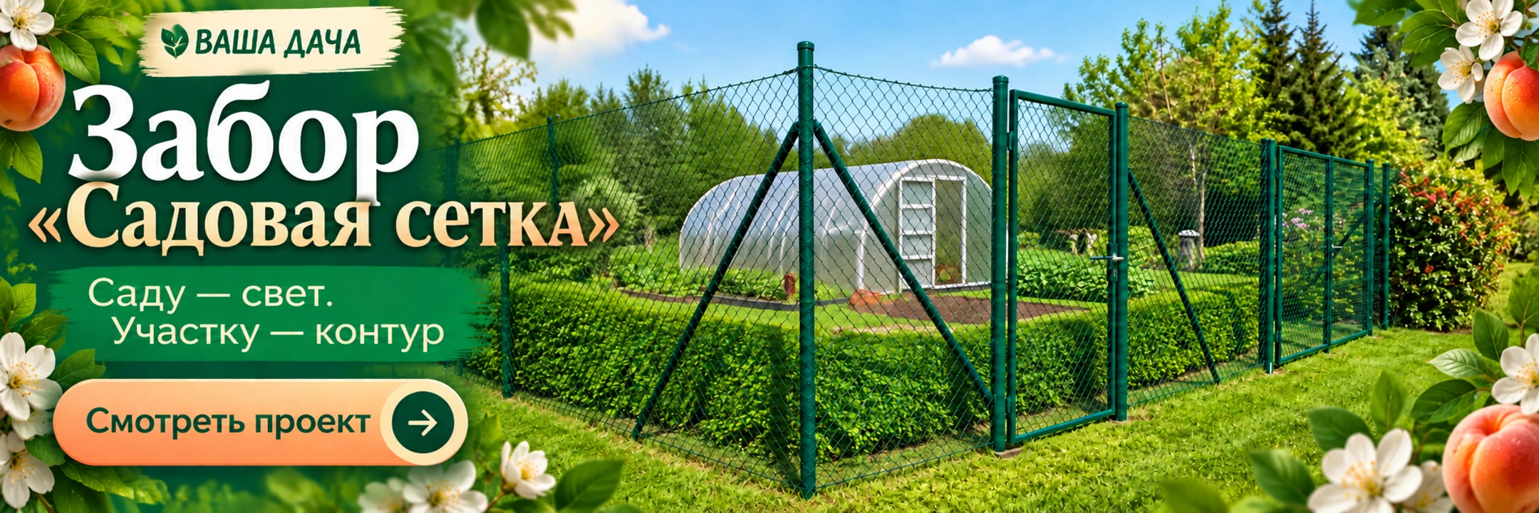 Забор из сетки-рабицы «Садовая сетка» — 75 пог. м · Саду — свет. Участку — контур