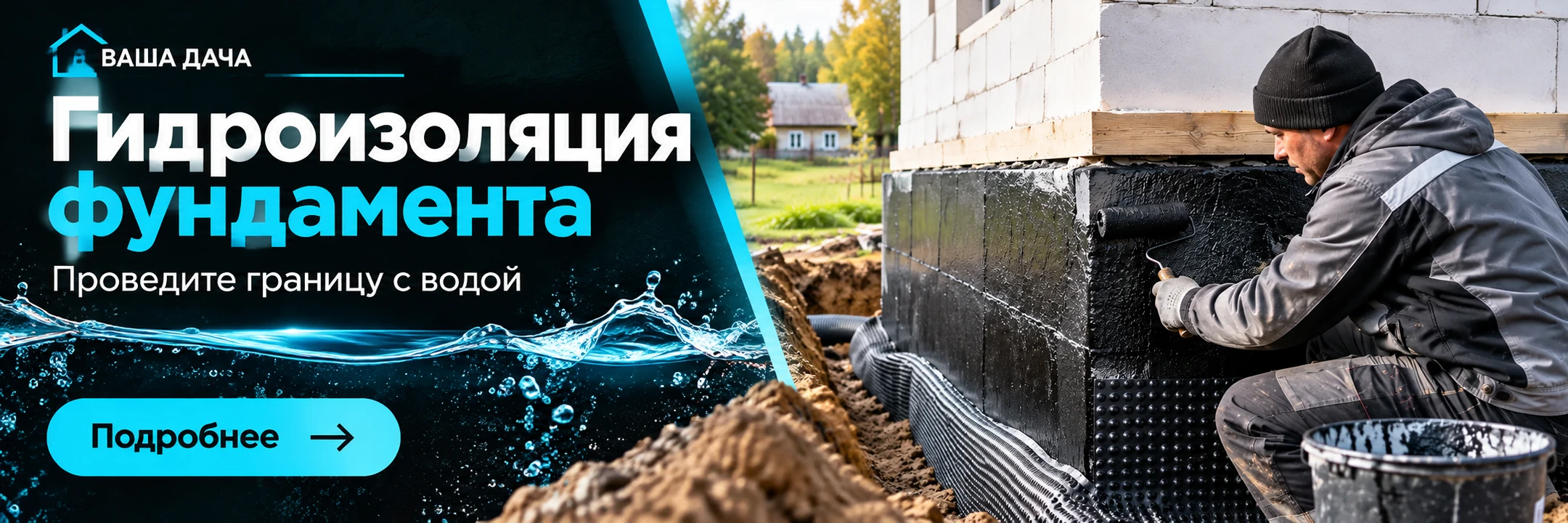 Гидроизоляция фундамента · Проведите границу с водой