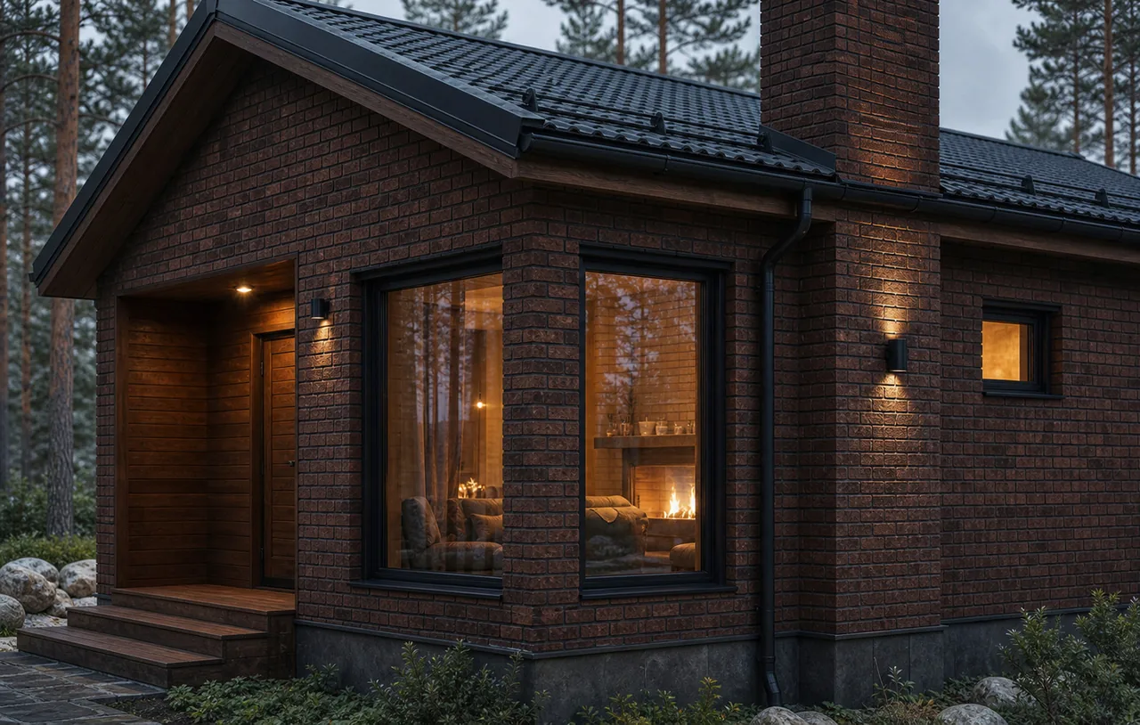 Кирпичная баня «Каминная» 6×5 м: комплектация «Тёплый контур»
