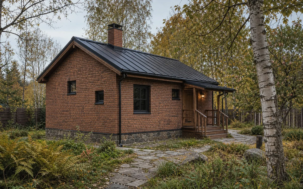 Вход и задний фасад: Кирпичная баня «Классика» 5×4 м