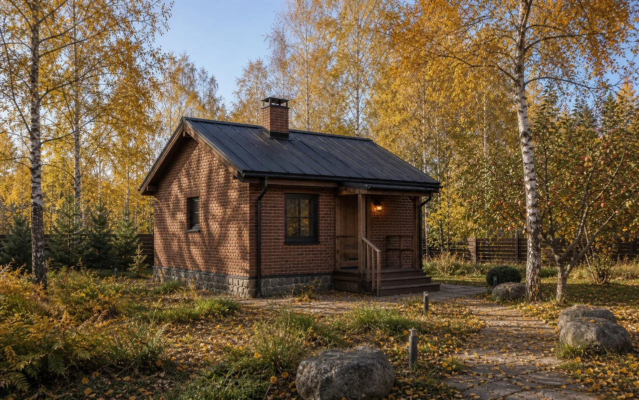 Кирпичная баня «Классика» 5×4 м ясным осенним днём