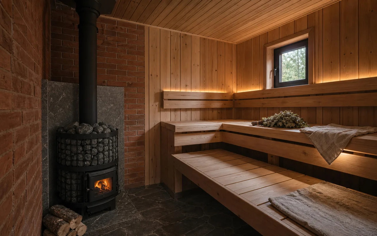 Парная с полками и печью: Кирпичная баня «Классика» 5×4 м