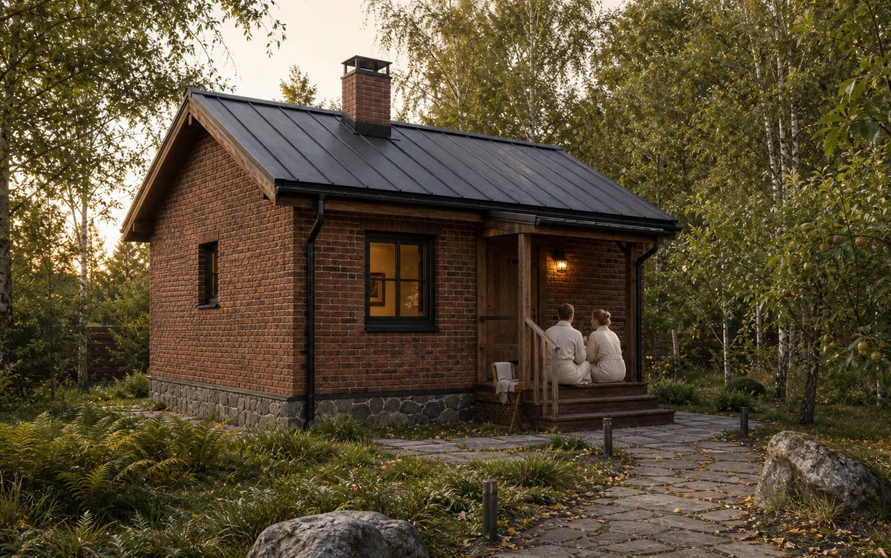 Отдых рядом с баней на загородном участке: Кирпичная баня «Классика» 5×4 м