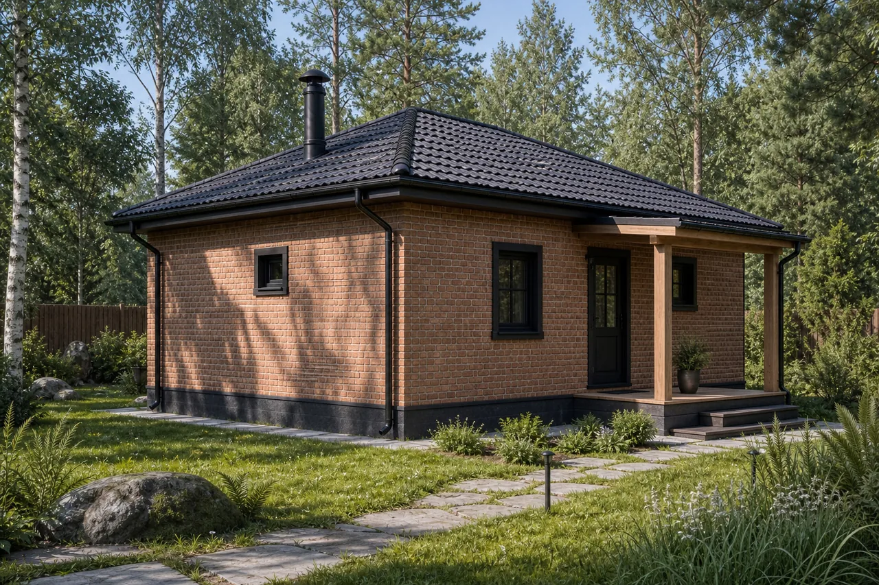 Вход и задний фасад: Кирпичная баня «Семейная» 7×6 м