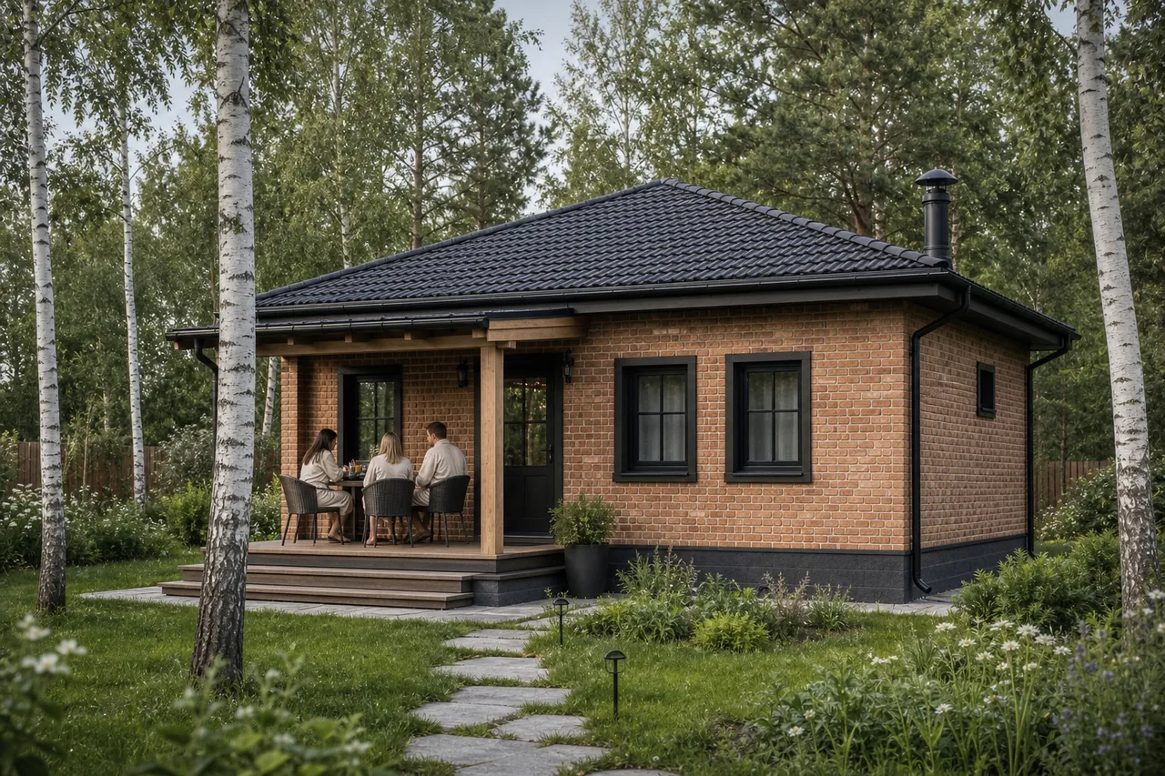 Отдых рядом с баней на загородном участке: Кирпичная баня «Семейная» 7×6 м