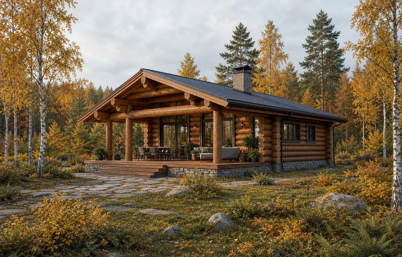 Баня ручной рубки «Усадебная» 10×8 м в золотую осень