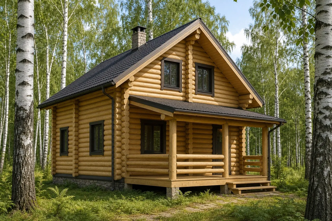 Дом из оцилиндрованного бревна «Берестяной» 8×7 м — внешний вид