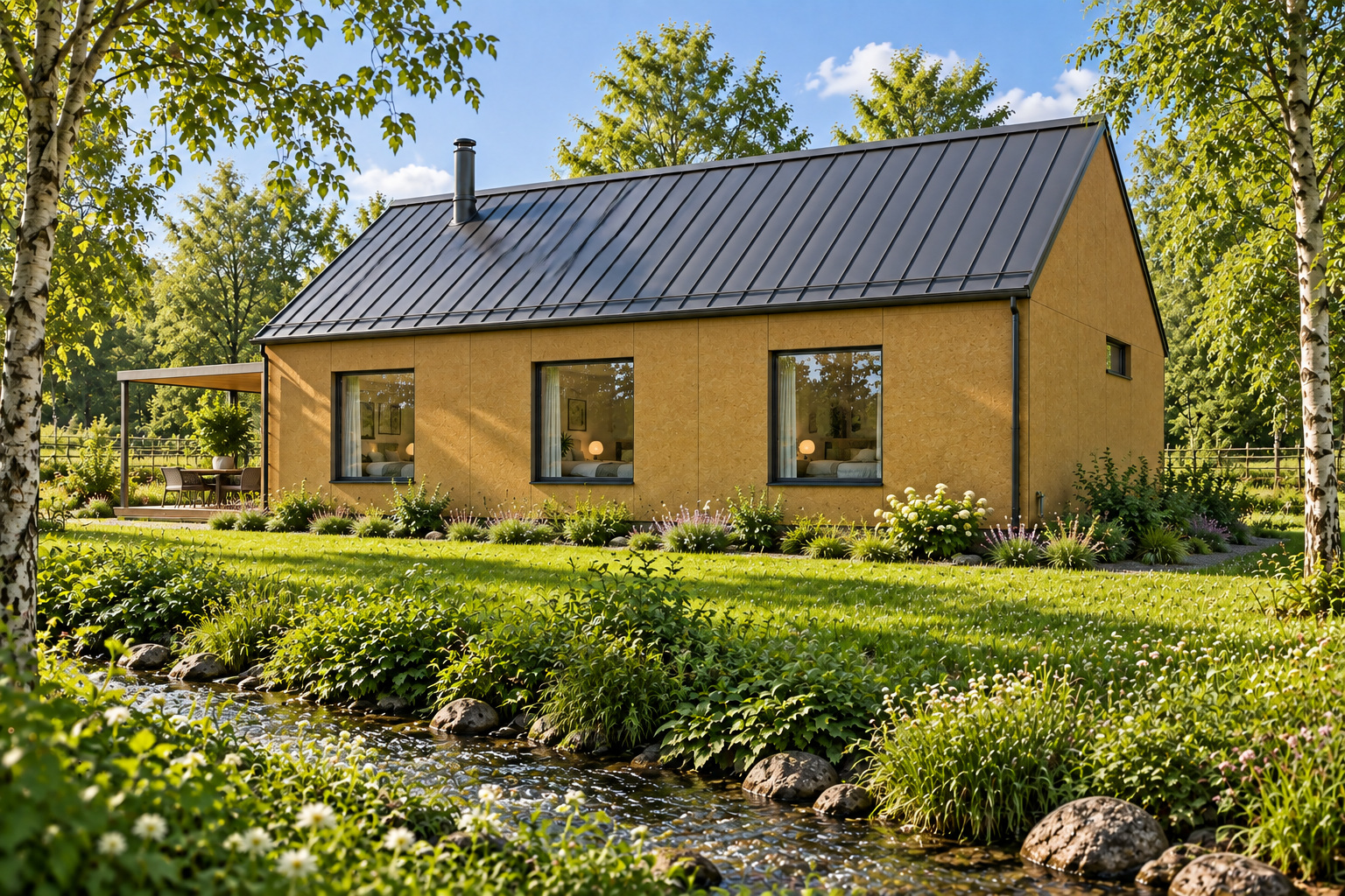 Каркасный дом «Медный ручей» 12×8 м — Дневной вид со стороны спален