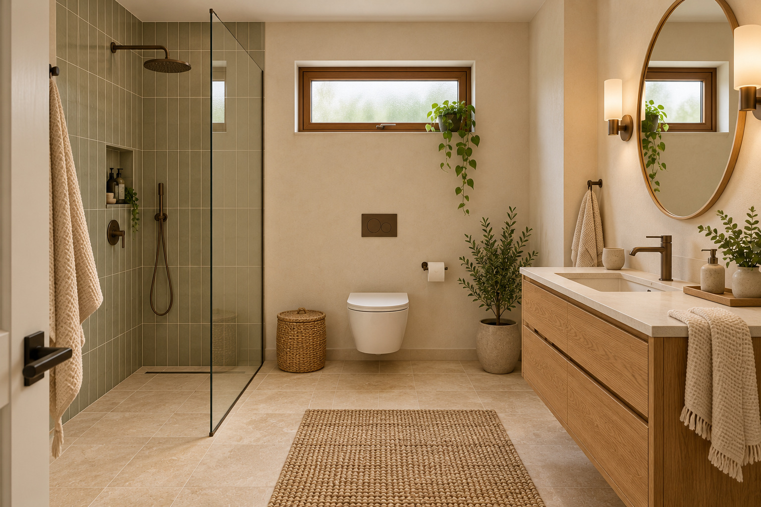 Каркасный дом «Тихий дворик» 12×13 м — Светлая ванная с душем и дубовой тумбой