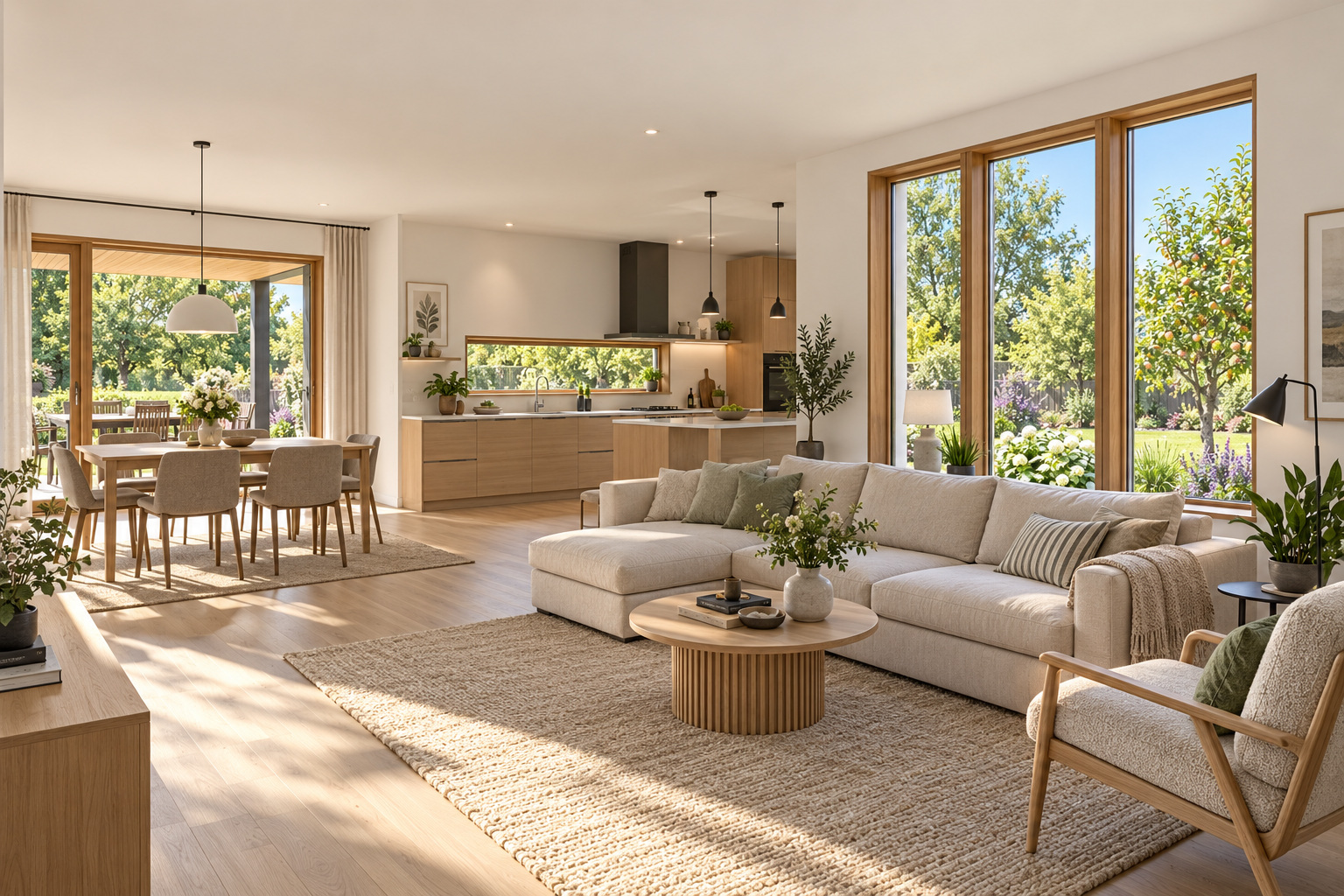Каркасный дом «Три окна» 12×10 м — Гостиная с высоким трёхчастным окном.