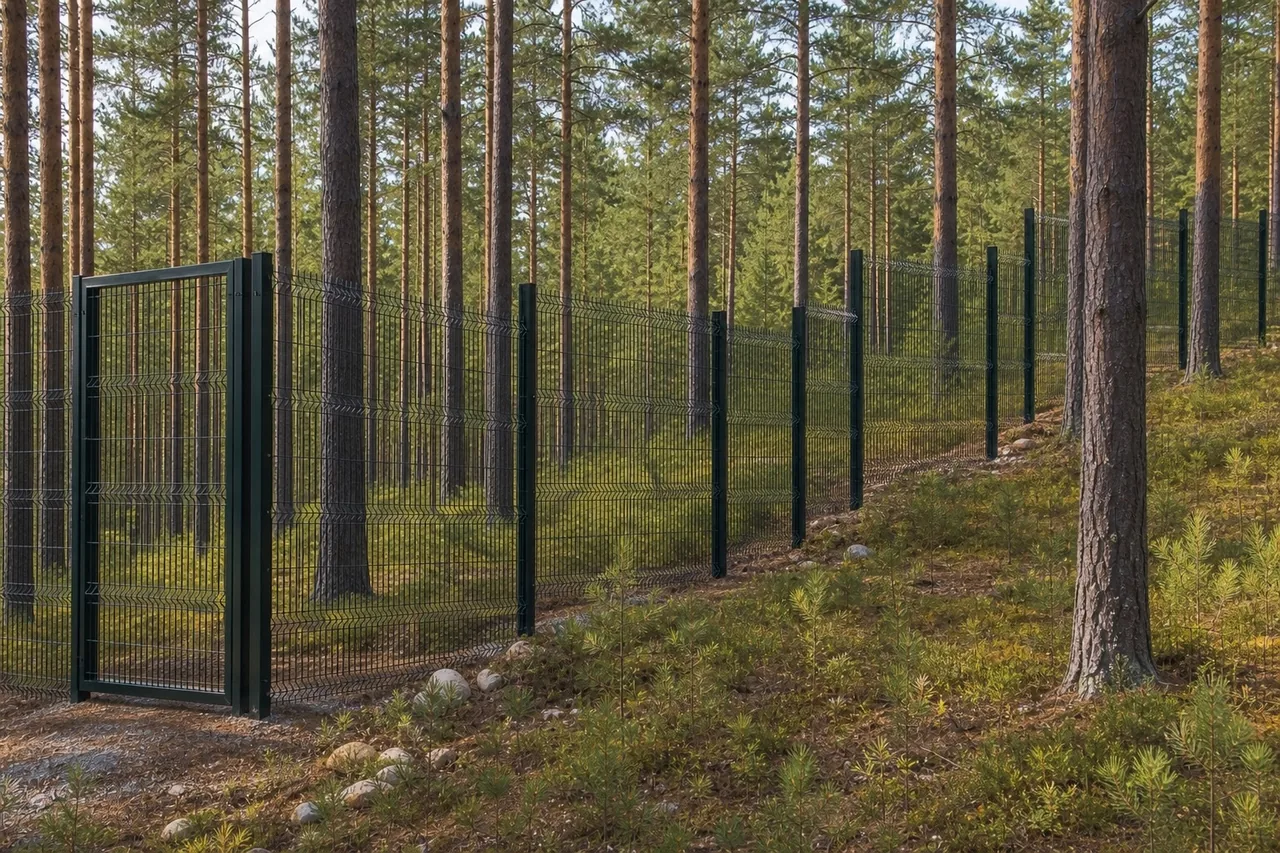 Забор из 3D-панелей «Лесная граница» — 125 пог. м — угловой узел и работа с рельефом