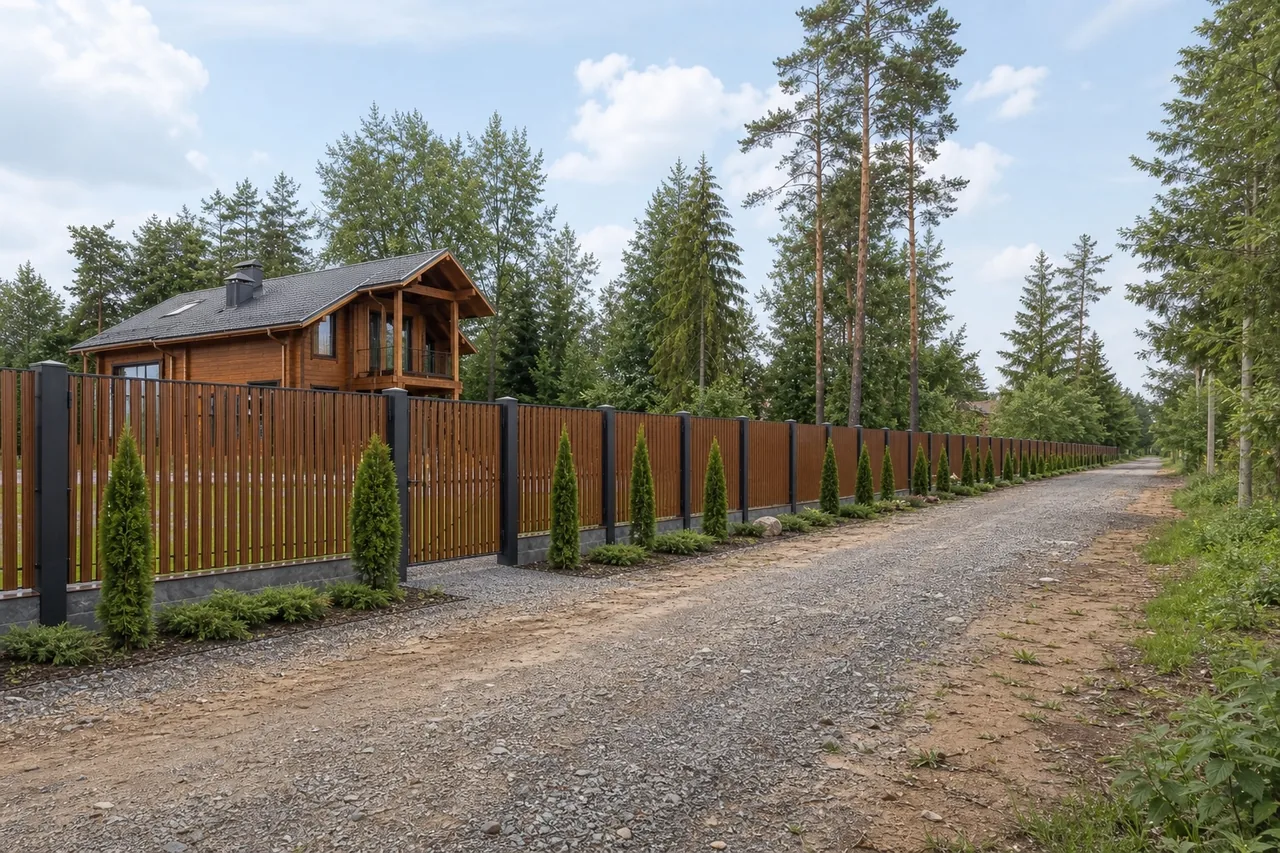 Забор из металлического штакетника «Загородная классика» — 150 пог. м — линия ограждения в окружении участка